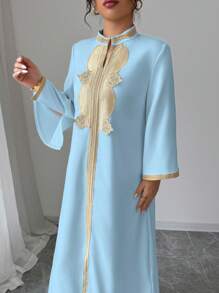Elenzga Vestido elegante con escote en V, con encaje bordado y abertura para mujeres - Azul - Ver 4