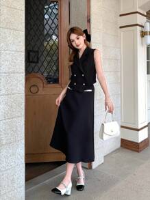 SHEIN 少女音乐会约会之夜上衣青少年翻领双排扣背心西装外套和白色拼色复古学院风撞色裙，回到学校制服，优雅两件套西装，适合通勤/度假家庭户外春季野餐日常穿着，适合各种场合 - 黑與白 - 查看 6