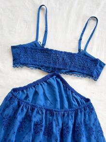 Soleia Navy Blue Woven Embroidered Cutout Strap Cinched Waist A-Line Mini Dress, Vacation Wear For Women