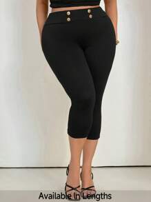 SHEIN Tall CURVE Pantalones capri de mujer de unicolor con decoración de botones para uso diario - Negro - Ver 1