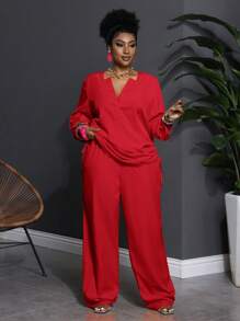 Slaydiva Plus Size Women Casual Solid Notch Neck Long Sleeve Top And Pants 2 Pieces Set Fall - Red - View 1