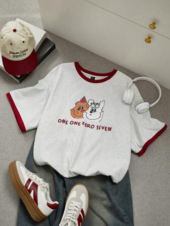 one one zero seven Beige, Floral, Red, Color Block, 100% Cotton, Cartoon Pattern, Unisex, Minimalist, Oversized, Casual Loose Fit Round Neck Women T-Shirts, Suitable For Summer