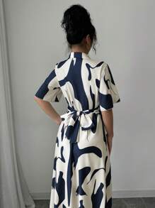 Elenzga Women All-Over Print Button Front Short Sleeve Midi Dress, Elegant - Blue - View 2