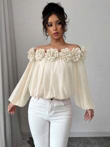 Airlisse Blusa elegante da donna a spalle scoperte in chiffon, tessuto in chiffon liscio e opaco con dettaglio floreale 3D, versatile per uso quotidiano, appuntamenti e feste, maniche lunghe