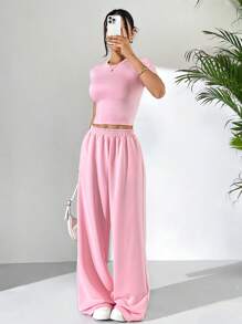 SHEIN EZwear 2 件套夏季灰色紧身短袖 T 恤和宽松运动裤休闲装 - 粉色 - 查看 5