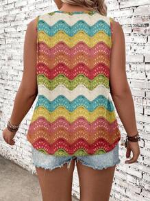 Knitted Print Pattern Loose Fit Plus Size Women Crew Neck Tank Top, Suitable For Music Festivals & Summer - Multicolor - View 4