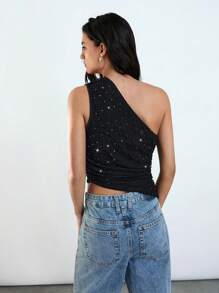 Maija Women Black Summer 70's Night Out Party Disco Top,Elegant Asymmetrical Neck Rhinestone Sequin Decor Cinched Waist,Boho Vacation Wedding Guest Apparel - Black - View 2