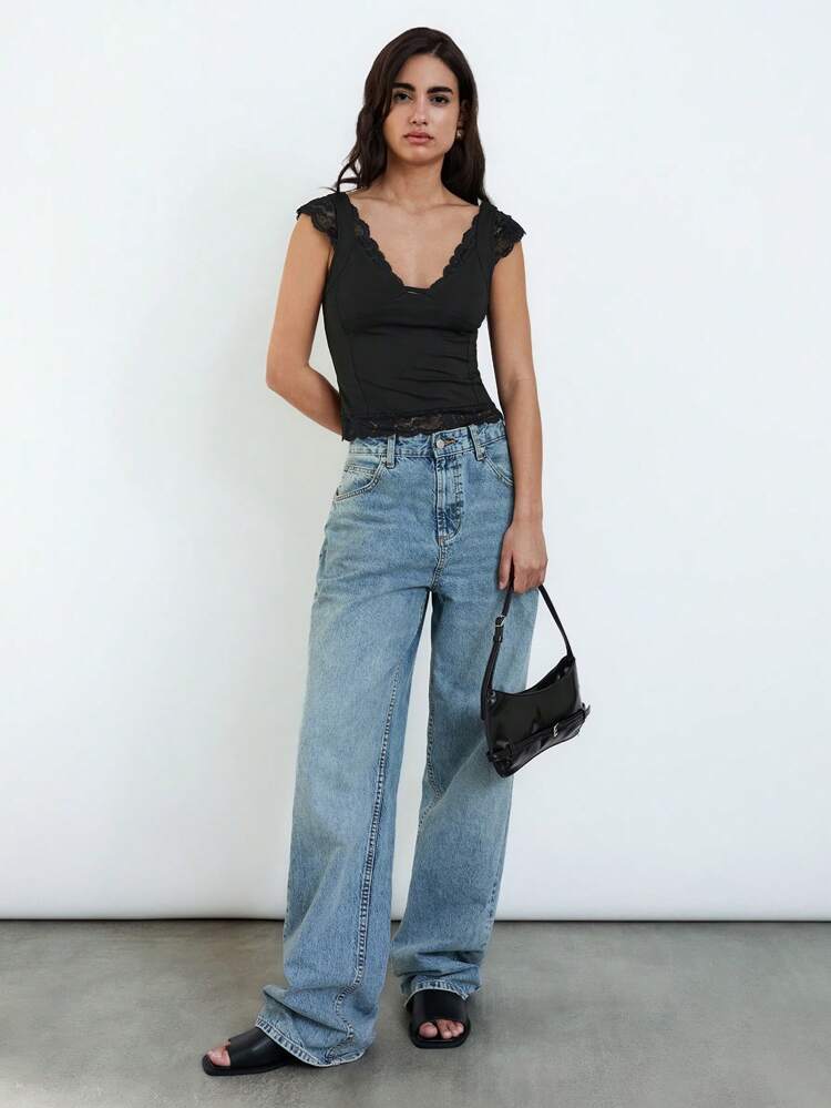 SHEIN Maija 2025 Summer New Arrival Wedding Guest Chic & Elegant Brunch, Airport Wear, Boho Holiday Beach Music Festival, Easter, Graduation Day Casual Slim Fit Lace Splice Design Blouse For Women