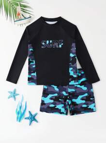Tween Boy Summer Vacation Letter Camo Print Raglan Sleeve Top And Shorts Swimsuit Set, Random Print Kids Swimming ,Kids Beachwear - Multicolor - View 3