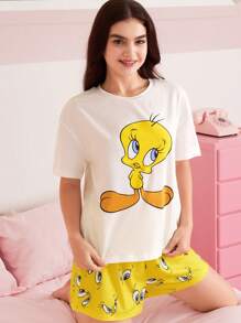 LOONEY TUNES X SHEIN 女士可爱崔弟鸟印花短袖上衣和短裤睡衣套装，夏季休闲