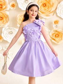 SHEIN Leap Crew Tween Girls 蝴蝶结点缀衬衫和裙子 2 件套 - 紫色 - 查看 3