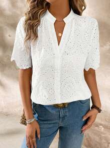 SHEIN LUNE V-Neck Embroidered Fabric White Short Sleeve Women Shirt, Vacation Casual - White - View 3