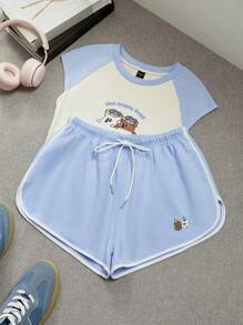 one one zero seven Blue & White Color-Block, Cartoon Print, Simple Casual Sports Shorts For Women, Summer - Blue and White - View 3