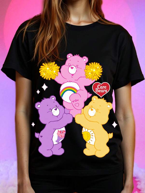 SHEIN X Care Bears Casual Loose Fit Round Neck Short Sleeve T-Shirt For Women, Suitable For Summer Suitable For Going Out