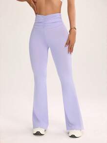 Easithlete Women's Solid Color High Waist Pleated Flare Leg Yoga Pants - Purple - View 3
