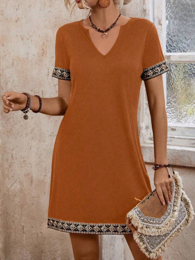 SHEIN LUNE Women's Summer Patchwork Ribbon Cutout Neck Short Sleeve Dress - Camel - View 1