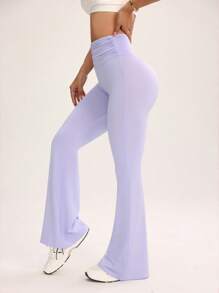 Easithlete Women's Solid Color High Waist Pleated Flare Leg Yoga Pants - Purple - View 4