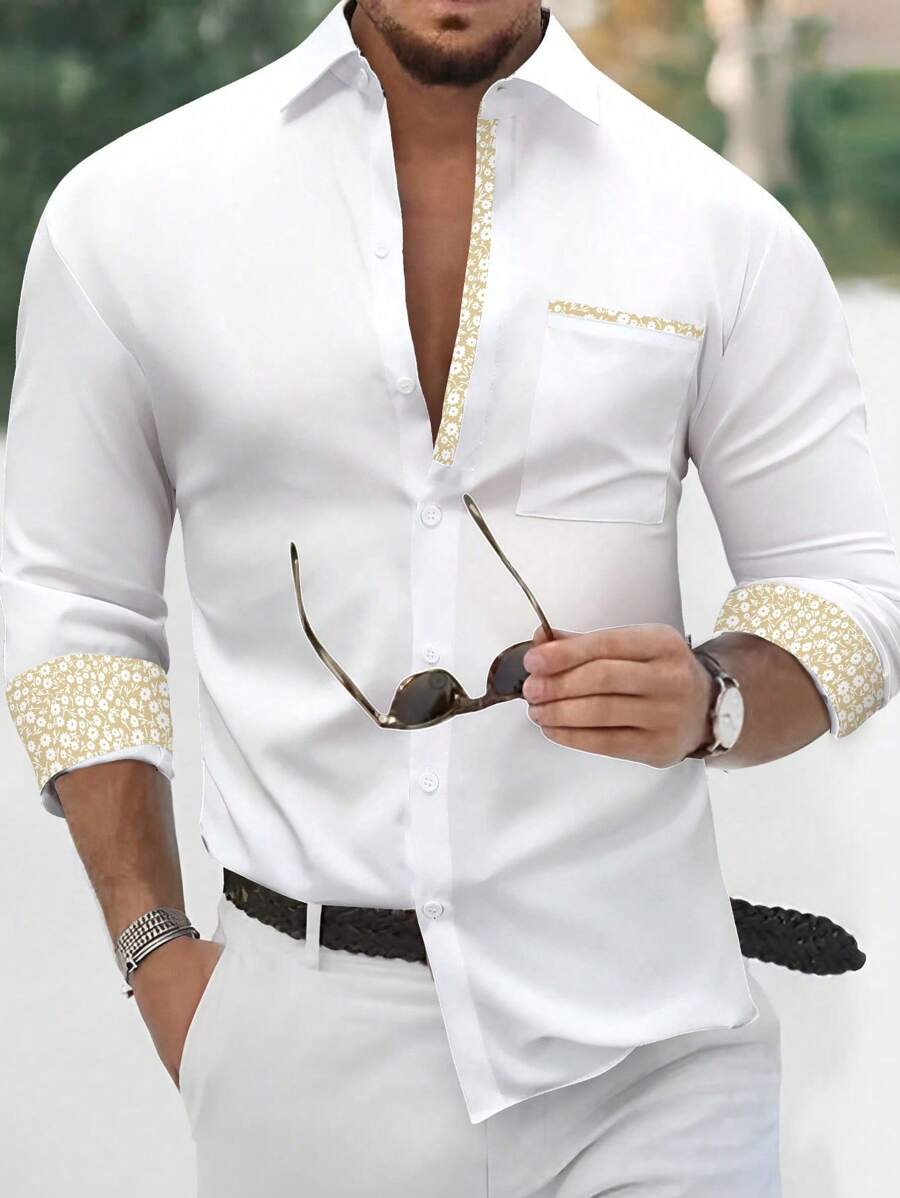 Calvornis Men's White Casual Shirt With Floral Accents Long Sleeve Collared Pocket Regular Fit - White - View 1