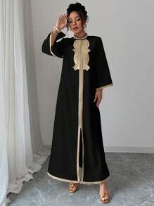 Elenzga 女士优雅 V 领刺绣蕾丝拼布开衩连衣裙 - 黑色 - 查看 4