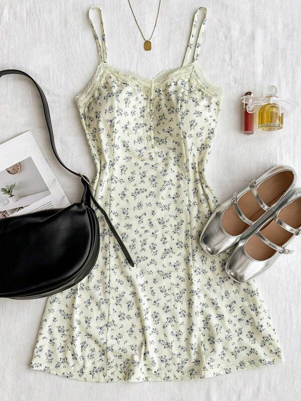 SHEIN Teen Girls Asymmetrical Ditsy Floral Printed Contrast Lace A-Line Dress, Relaxed Loungewear Outfit, Spring/Summer