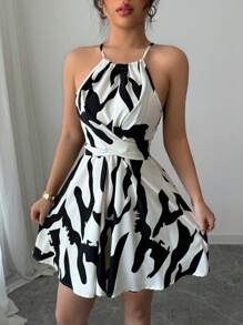 Elenzga Women's Black & White Print Elegant Suspender Sleeveless Dress - White - View 4