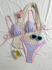 SHEIN Swim 2pcs Women Beach Summer Outfits: Textured Floral Pattern Spaghetti Strap Crop Top And High Cut Swim Trunks, Vacation Bikini Set - Multicolor - View 1