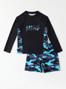 Tween Boy Summer Vacation Letter Camo Print Raglan Sleeve Top And Shorts Swimsuit Set, Random Print Kids Swimming ,Kids Beachwear - Multicolor - View 4