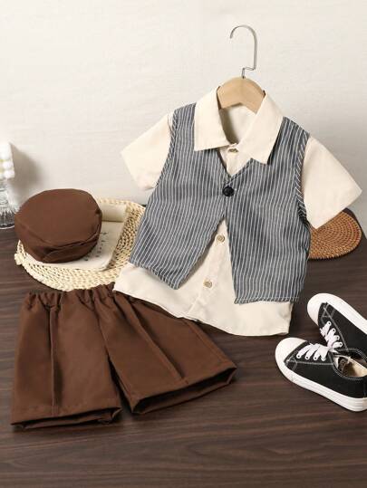 SHEIN 小男孩纯色短袖单排扣衬衫和条纹背心两件套休闲套装