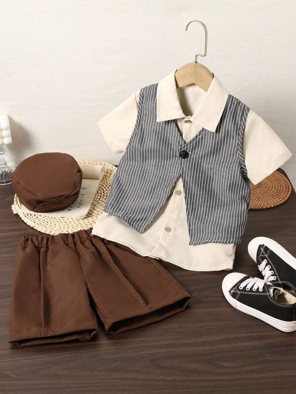 SHEIN 小男孩纯色短袖单排扣衬衫和条纹背心两件套休闲套装