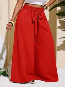 Slaydiva Plus Size Women Casual & Vacation & Minimalist & Colorful Textured Striped Green Straight Leg Pants - Red - View 5