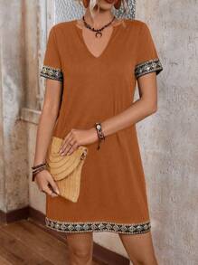 SHEIN LUNE Women's Summer Patchwork Ribbon Cutout Neck Short Sleeve Dress - Camel - View 4