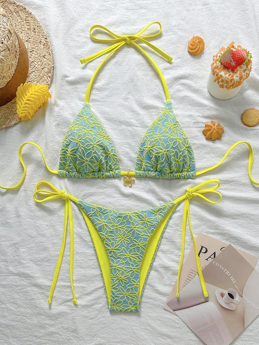 Swim Vcay 2pcs/Set Springbreak Summer Vacation Pink Floral Texture Halter Tie Side Bikini Swimsuit