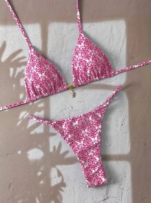 Swim Vcay Women's Summer Beach 2pcs/Set Spaghetti Strap Tankini With Metallic Decor & Print Random, Vacation Swimwears - Multicolor - View 3
