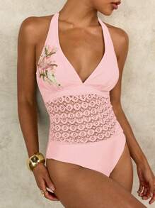 SHEIN Swim 女士优雅刺绣花卉镂空蕾丝吊带背心、比基尼上衣，适合春夏休闲、海滩、度假 - 粉色 - 查看 7