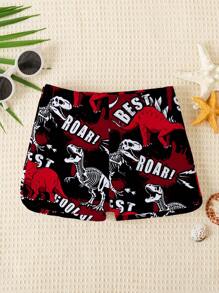 SHEIN Leap Crew Young Boy Casual Dinosaur Pattern Slim Fit Swim Trunks, Suitable For Summer - Red - View 1