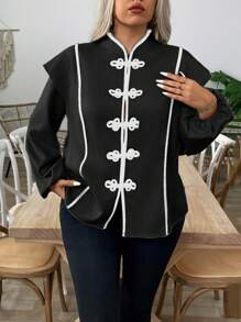 SHEIN LUNE Plus Size Women's Elegant Mixed Color Button Lantern Sleeve Neo-Traditional Blouse - Black and White - View 3