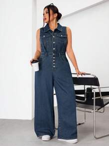 SHEIN EZwear Macacão Denim Lavado Casual Plus Size de Perna Larga e Sem Mangas - Azul - Visão 3