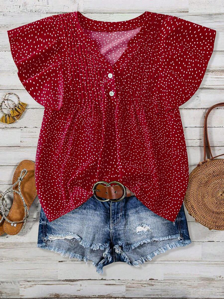 Linhara Blusa holgada con volantes, cuello en V y mangas farol con estampado de lunares para mujer de talla grande - Rojo - Ver 1