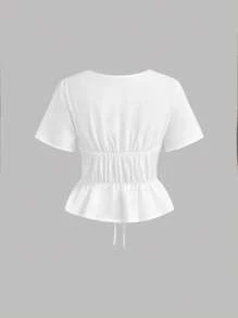 Girlism Teen Girls' White Tie Front Short Sleeve Shirt, Cutout Design, Retro Pirate Style, Hippie Clothing, Top, Suitable For Spring/Summer, Vacation Vibe Bowknot Blouse