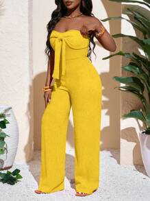 Slaydiva 新款春夏休闲度假性感优雅抹胸蝴蝶结直筒阔腿超长裤橙色罗纹针织女连体裤 - 黃色 - 查看 6