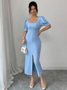 Elenzga 女式夏季针织弹力修身开叉 V 领羊腿袖中长休闲连衣裙