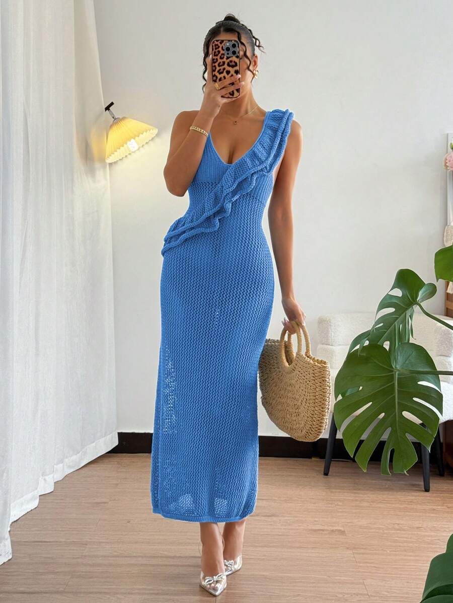 Elenzga Women's Ruffled Asymmetrical V-Neck Sweater Dress