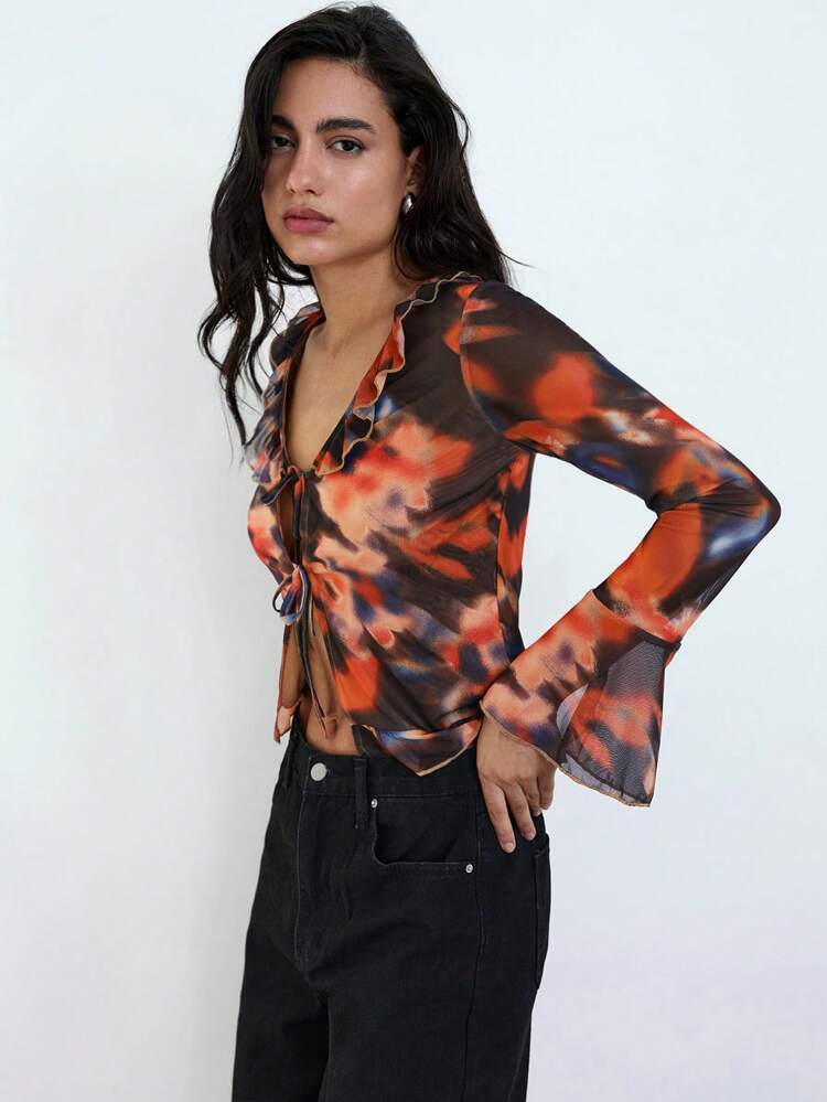 SHEIN Maija 2025 Summer New Arrival Wedding Guest Chic Elegant Brunch, Airport Casual, Bohemian Holiday, Music Festival, Easter, Graduation, Daily Casual Summer Tie-Dye Silhouette Floral Ruffled Collar Mesh Blouse For Women