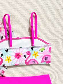 3pcs Baby Girl Summer Vacation Flamingo Print Swimsuit Set With Cover-Up - Multicolor - View 5
