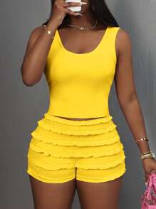 Slaydiva Y2K Sweet Cute Casual Basic Pink Solid Tank Top With Multi-Layered Ruffle Shorts, Women's 2 Pieces Set - Yellow - View 4