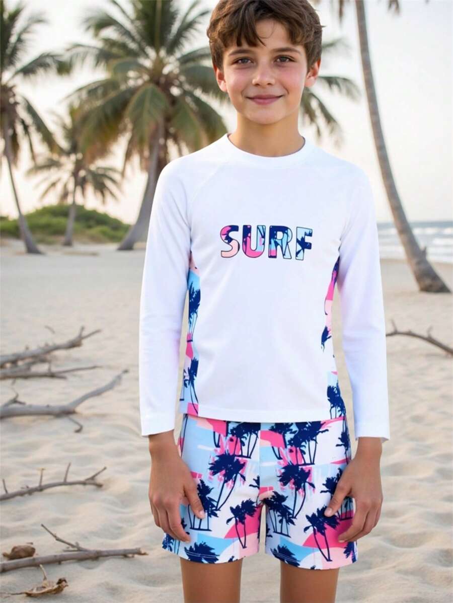 Tween Boy Coconut Tree Printed Long Sleeve Shorts Swimsuit Set