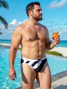 Manfinity VDAYZ Plus Size Men's Fashionable Swim Trunks, Suitable For Summer Beach Vacation Men Swim Trunks - Black and White - View 4