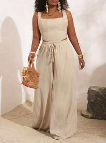 Veslaya Completo estivo 2 pezzi composto da top con laccetti a forma di lisca di pesce e pantaloni a gamba ampia con tasche, in tessuto strutturato, per donna con taglie forti