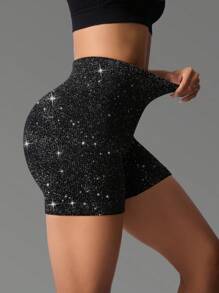 Seamluxe SHEIN Sport Seamless Ribbed Elastic Glitter Party Style Sports Shorts - Black - View 3