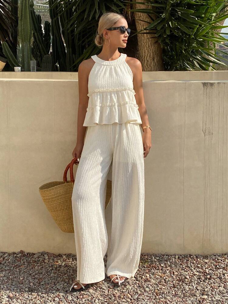 Women's Solid Color Round Neck Pleated Top And Wide Leg Pants Casual 2 Pieces Set